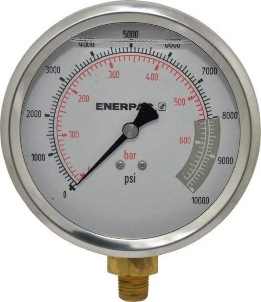 Enerpac - 0 to 10,000 psi Pressure Rating, 1/4 NPTF Gauge Connection, Hydraulic Pressure Liquid Filled Gage - 4" Face Diam - USA Tool & Supply