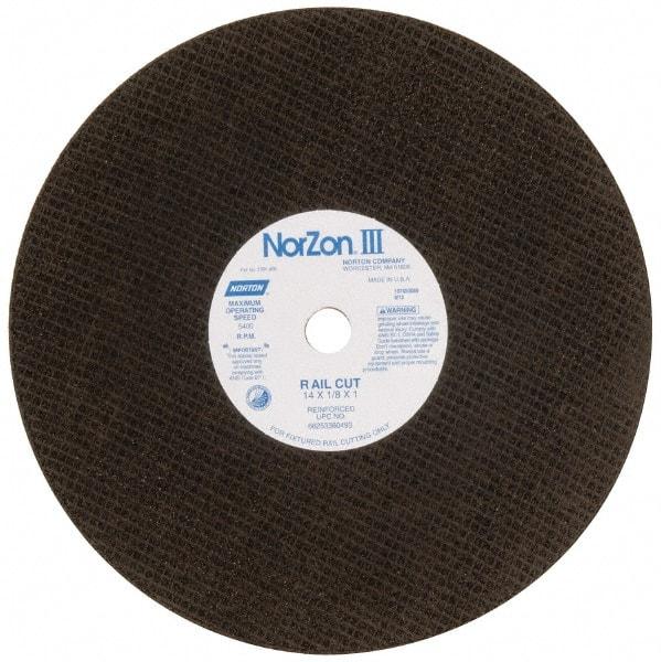 Norton - 14" 30 Grit Zirconia Alumina Cutoff Wheel - 1/8" Thick, 1" Arbor, 5,400 Max RPM, Use with Electric & Gas Powered Saws - USA Tool & Supply