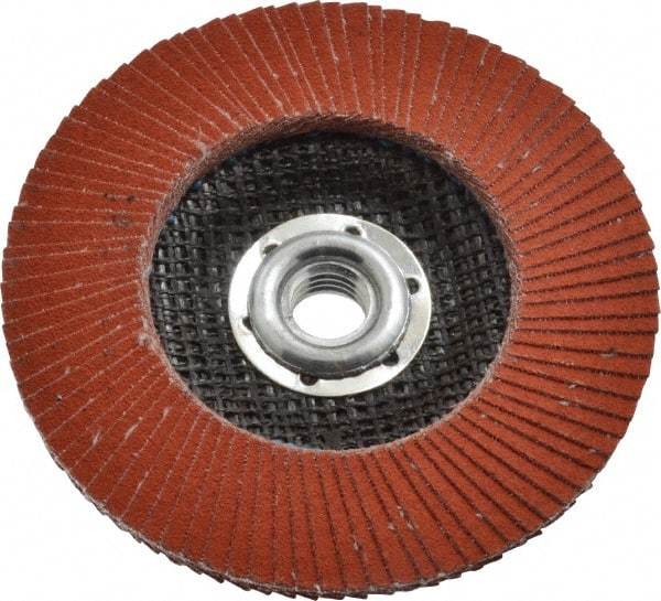 3M - 120 Grit, 4-1/2" Disc Diam, 5/8-11 Center Hole, Type 27 Ceramic Flap Disc - 13,300 Max RPM, Cloth Backing, Arbor Attaching System, Coated - USA Tool & Supply