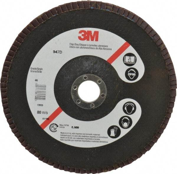 3M - 40 Grit, 7" Disc Diam, 7/8" Center Hole, Type 27 Ceramic Flap Disc - 8,600 Max RPM, Cloth Backing, Arbor Attaching System, Coated - USA Tool & Supply