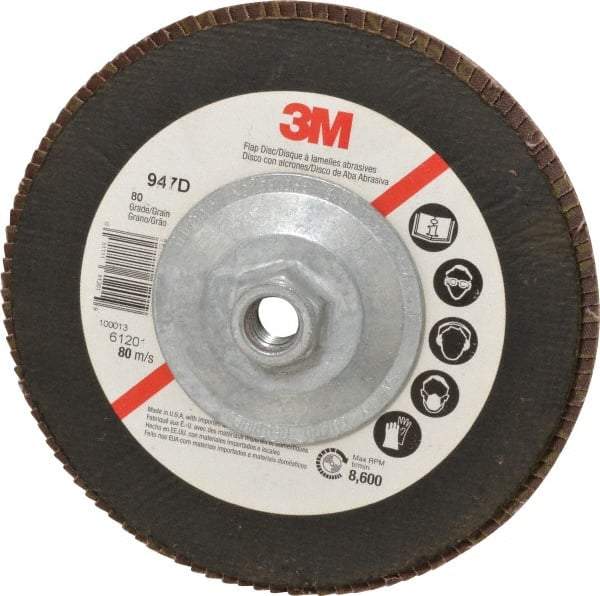 3M - 80 Grit, 7" Disc Diam, 5/8-11 Center Hole, Type 27 Ceramic Flap Disc - 8,600 Max RPM, Cloth Backing, Arbor Attaching System, Coated - USA Tool & Supply