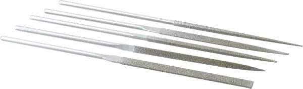 Strauss - 5 Piece Diamond Pattern File Set - 5-1/2" Long, Medium Coarseness, Round Handle, Set Includes Equalling, Half Round, Round, Square, Three Square - USA Tool & Supply