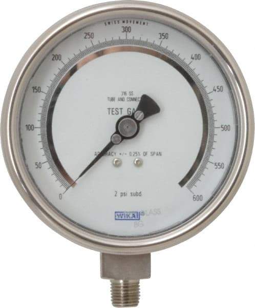 Wika - 4" Dial, 1/4 Thread, 0-600 Scale Range, Pressure Gauge - Lower Connection Mount, Accurate to 0.25% of Scale - USA Tool & Supply