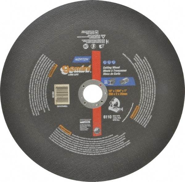 Norton - 10" Aluminum Oxide Cutoff Wheel - 7/64" Thick, 1" Arbor, 6,110 Max RPM, Use with Stationary Tools - USA Tool & Supply