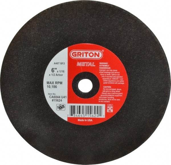 Made in USA - 6" 46 Grit Aluminum Oxide Cutoff Wheel - 1/16" Thick, 1/2" Arbor, 10,186 Max RPM, Use with Circular Saws - USA Tool & Supply