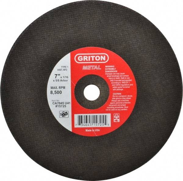 Made in USA - 7" 46 Grit Aluminum Oxide Cutoff Wheel - 1/16" Thick, 5/8" Arbor, 8,732 Max RPM, Use with Circular Saws - USA Tool & Supply