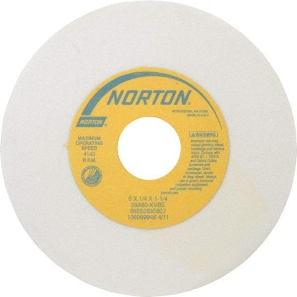 Norton - 6" Diam x 1-1/4" Hole x 1/4" Thick, K Hardness, 80 Grit Surface Grinding Wheel - Aluminum Oxide, Type 1, Medium Grade, 4,140 Max RPM, Vitrified Bond, No Recess - USA Tool & Supply