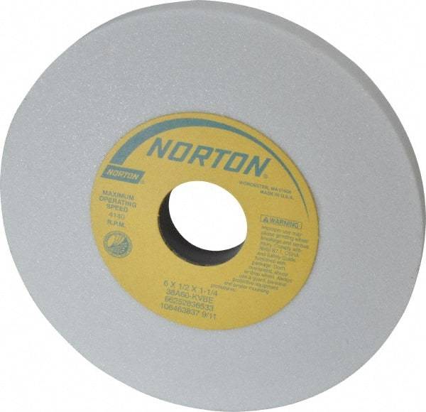 Norton - 6" Diam x 1-1/4" Hole x 1/2" Thick, K Hardness, 60 Grit Surface Grinding Wheel - Aluminum Oxide, Type 1, Medium Grade, 4,140 Max RPM, Vitrified Bond, No Recess - USA Tool & Supply