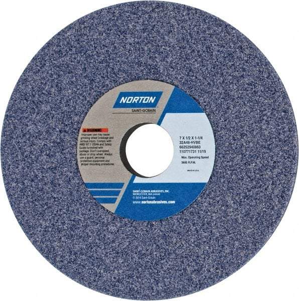 Norton - 7" Diam x 1-1/4" Hole x 1/2" Thick, H Hardness, 46 Grit Surface Grinding Wheel - Aluminum Oxide, Type 1, Coarse Grade, 3,600 Max RPM, Vitrified Bond, No Recess - USA Tool & Supply