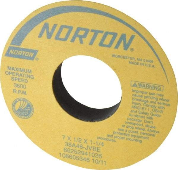Norton - 7" Diam x 1-1/4" Hole x 1/2" Thick, J Hardness, 46 Grit Surface Grinding Wheel - Aluminum Oxide, Type 1, Coarse Grade, 3,600 Max RPM, Vitrified Bond, No Recess - USA Tool & Supply
