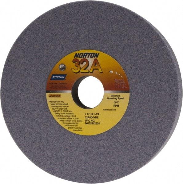 Norton - 7" Diam x 1-1/4" Hole x 1" Thick, I Hardness, 60 Grit Surface Grinding Wheel - Aluminum Oxide, Type 1, Medium Grade, 3,600 Max RPM, Vitrified Bond, No Recess - USA Tool & Supply