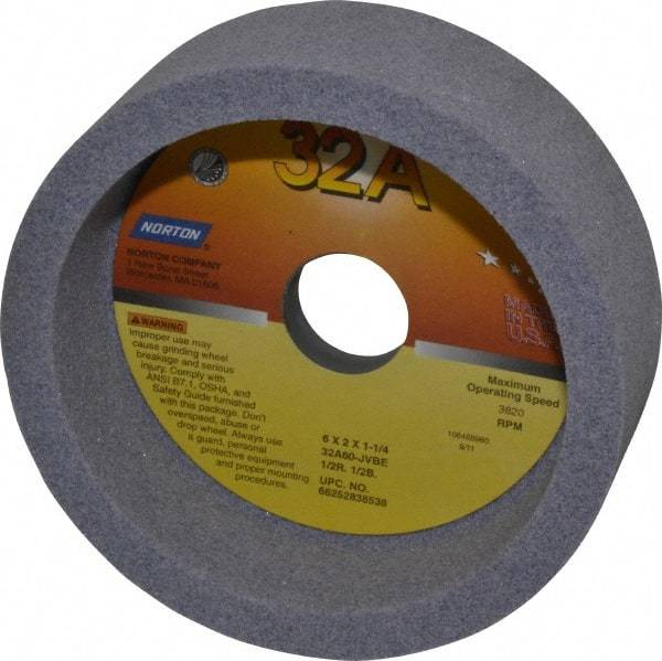 Norton - 6" Diam, 1-1/4" Hole Size, 2" Overall Thickness, 60 Grit, Type 6 Tool & Cutter Grinding Wheel - Medium Grade, Aluminum Oxide, J Hardness, Vitrified Bond, 3,820 RPM - USA Tool & Supply
