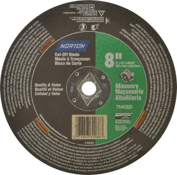 Norton - 8" 24 Grit Silicon Carbide Cutoff Wheel - 1/8" Thick, 5/8" Arbor, 7,640 Max RPM, Use with Circular Saws - USA Tool & Supply