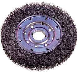 Osborn - 8" OD, 1-1/4" Arbor Hole, Crimped Steel Wheel Brush - 5/8" Face Width, 1-1/2" Trim Length, 0.008" Filament Diam, 4,500 RPM - USA Tool & Supply