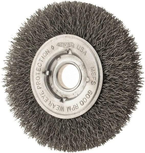 Osborn - 4" OD, 1/2 & 5/8" Arbor Hole, Crimped Steel Wheel Brush - 5/8" Face Width, 13/16" Trim Length, 0.0104" Filament Diam, 6,000 RPM - USA Tool & Supply
