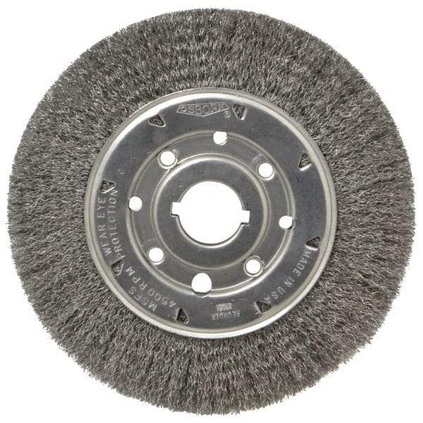 Osborn - 8" OD, 1-1/4" Arbor Hole, Crimped Steel Wheel Brush - 5/8" Face Width, 1-1/2" Trim Length, 0.0104" Filament Diam, 4,500 RPM - USA Tool & Supply
