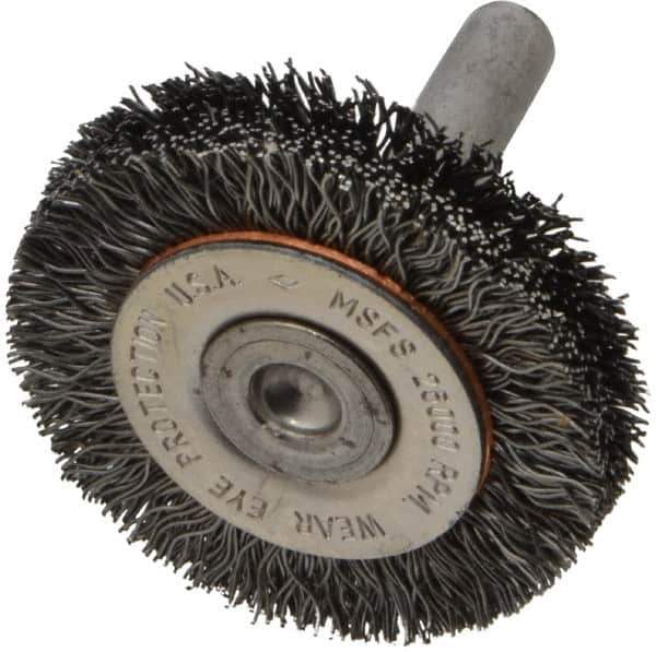 Osborn - 1-1/2" OD, 1/4" Shank Diam, Crimped Steel Wheel Brush - 3/8" Face Width, 9/32" Trim Length, 0.0118" Filament Diam, 25,000 RPM - USA Tool & Supply