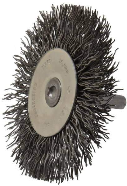 Osborn - 3" OD, 1/4" Shank Diam, Crimped Steel Wheel Brush - 7/16" Face Width, 3/4" Trim Length, 0.02" Filament Diam, 25,000 RPM - USA Tool & Supply