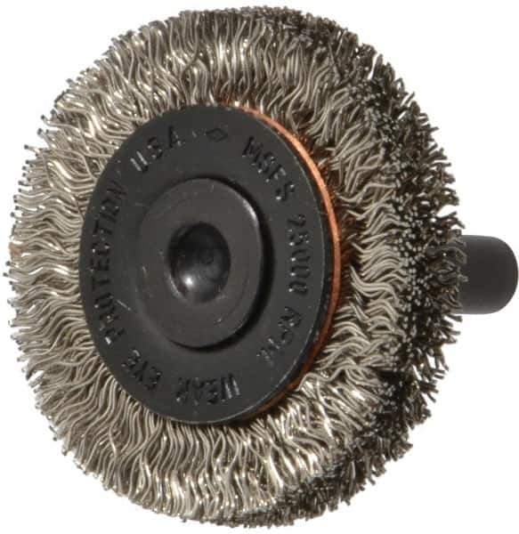 Osborn - 1-1/2" OD, 1/4" Shank Diam, Crimped Stainless Steel Wheel Brush - 3/8" Face Width, 9/32" Trim Length, 0.012" Filament Diam, 25,000 RPM - USA Tool & Supply
