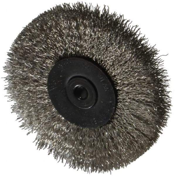 Osborn - 2-1/2" OD, 1/4" Shank Diam, Crimped Stainless Steel Wheel Brush - 7/16" Face Width, 11/16" Trim Length, 0.008" Filament Diam, 25,000 RPM - USA Tool & Supply