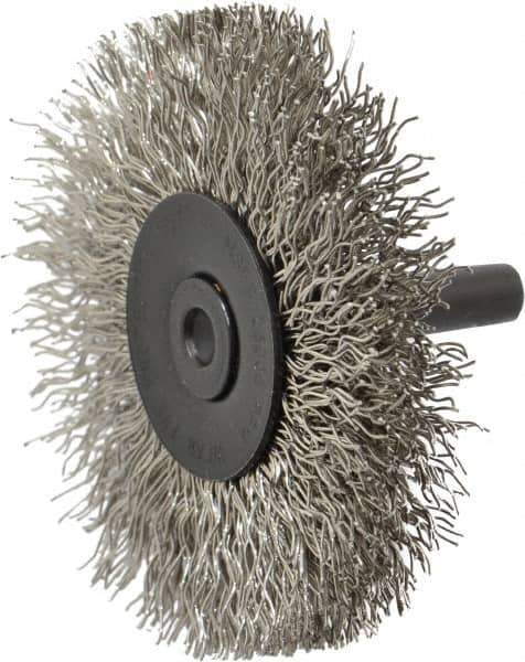 Osborn - 2-1/2" OD, 1/4" Shank Diam, Crimped Stainless Steel Wheel Brush - 7/16" Face Width, 11/16" Trim Length, 0.014" Filament Diam, 25,000 RPM - USA Tool & Supply