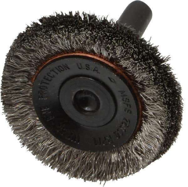 Osborn - 1-1/2" OD, 1/4" Shank Diam, Crimped Stainless Steel Wheel Brush - 3/8" Face Width, 3/8" Trim Length, 0.006" Filament Diam, 20,000 RPM - USA Tool & Supply