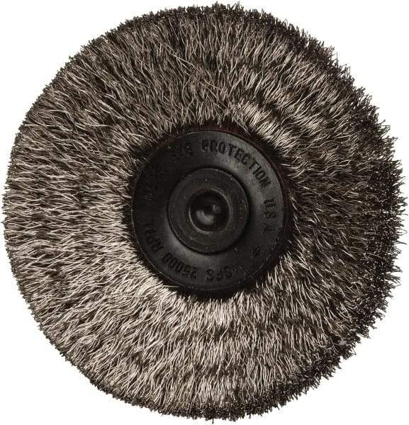 Osborn - 2-1/2" OD, 1/4" Shank Diam, Crimped Stainless Steel Wheel Brush - 7/16" Face Width, 11/16" Trim Length, 0.006" Filament Diam, 20,000 RPM - USA Tool & Supply