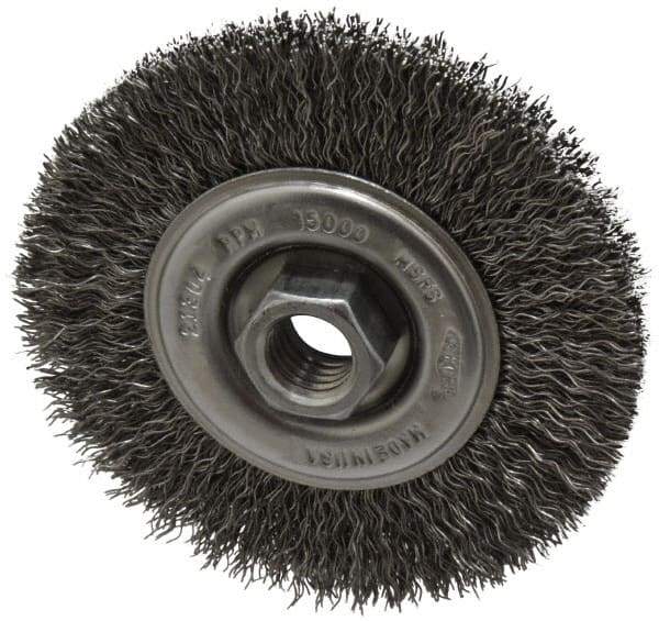 Osborn - 4" OD, 5/8-11 Arbor Hole, Crimped Steel Wheel Brush - 1/2" Face Width, 0.014" Filament Diam, 15,000 RPM - USA Tool & Supply