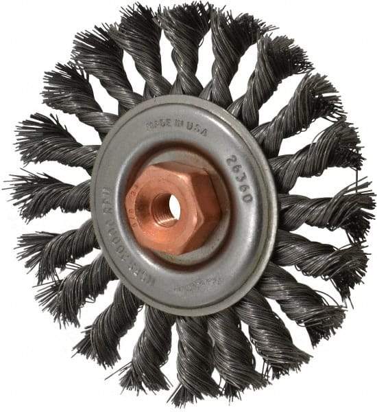 Osborn - 4" OD, 3/8-24 Arbor Hole, Knotted Steel Wheel Brush - 3/8" Face Width, 7/8" Trim Length, 0.014" Filament Diam, 20,000 RPM - USA Tool & Supply