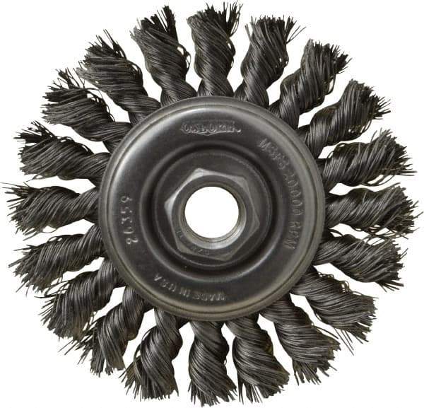 Osborn - 4" OD, 5/8-11 Arbor Hole, Knotted Steel Wheel Brush - 3/8" Face Width, 7/8" Trim Length, 0.014" Filament Diam, 20,000 RPM - USA Tool & Supply