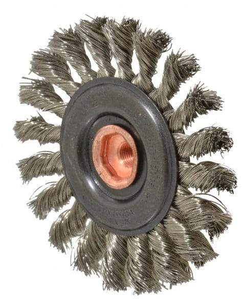 Osborn - 4" OD, 3/8-24 Arbor Hole, Knotted Stainless Steel Wheel Brush - 3/8" Face Width, 7/8" Trim Length, 0.014" Filament Diam, 20,000 RPM - USA Tool & Supply