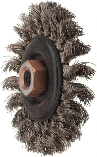 Osborn - 4" OD, 1/2-13 Arbor Hole, Knotted Stainless Steel Wheel Brush - 3/8" Face Width, 7/8" Trim Length, 0.014" Filament Diam, 20,000 RPM - USA Tool & Supply