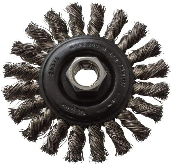 Osborn - 4" OD, 5/8-11 Arbor Hole, Knotted Stainless Steel Wheel Brush - 3/8" Face Width, 7/8" Trim Length, 0.014" Filament Diam, 20,000 RPM - USA Tool & Supply