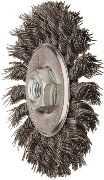 Osborn - 4" OD, M10x1.50 Arbor Hole, Knotted Stainless Steel Wheel Brush - 3/8" Face Width, 7/8" Trim Length, 0.02" Filament Diam, 20,000 RPM - USA Tool & Supply