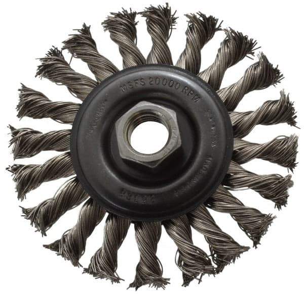 Osborn - 4" OD, 5/8-11 Arbor Hole, Knotted Stainless Steel Wheel Brush - 3/8" Face Width, 7/8" Trim Length, 0.02" Filament Diam, 20,000 RPM - USA Tool & Supply