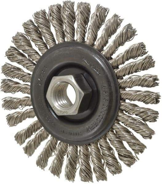 Osborn - 4" OD, 5/8-11 Arbor Hole, Knotted Stainless Steel Wheel Brush - 1/4" Face Width, 7/8" Trim Length, 0.02" Filament Diam, 20,000 RPM - USA Tool & Supply