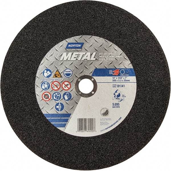 Norton - 12" 36 Grit Aluminum Oxide Cutoff Wheel - 7/64" Thick, 1" Arbor, 5,095 Max RPM, Use with Chop Saws - USA Tool & Supply