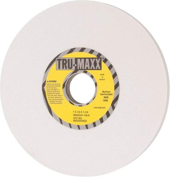 Tru-Maxx - 7" Diam x 1-1/4" Hole x 1/2" Thick, K Hardness, 100 Grit Surface Grinding Wheel - Aluminum Oxide, Type 1, Fine Grade, 3,600 Max RPM, Vitrified Bond, No Recess - USA Tool & Supply
