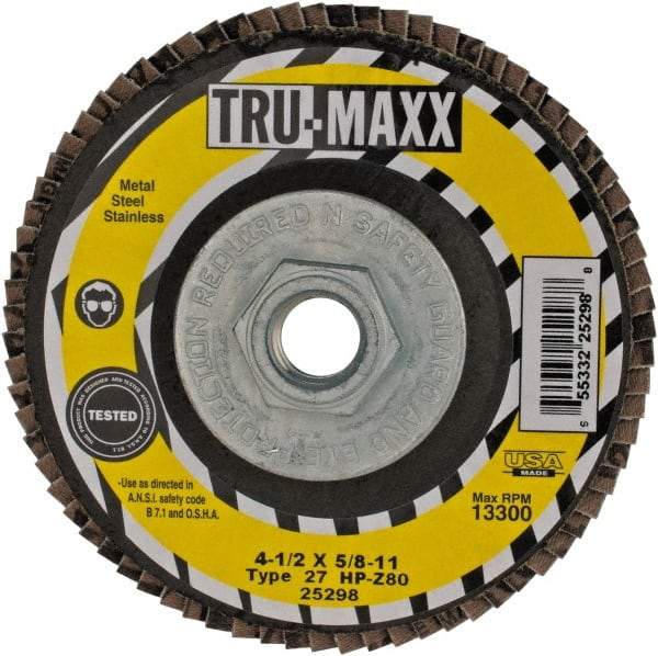 Tru-Maxx - 80 Grit, 4-1/2" Disc Diam, 5/8-11 Center Hole, Type 27 Zirconia Alumina Flap Disc - 13,300 Max RPM, Arbor Attaching System, Coated - USA Tool & Supply