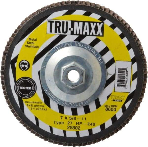 Tru-Maxx - 40 Grit, 7" Disc Diam, 5/8-11 Center Hole, Type 27 Zirconia Alumina Flap Disc - 8,600 Max RPM, Arbor Attaching System, Coated - USA Tool & Supply