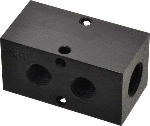 Made in USA - 3/8" Inlet, 1/4" Outlet Manifold - 2.37" Long x 1-1/4" Wide x 1-1/4" High, 0.2" Mount Hole, 2 Inlet Ports, 2 Outlet Ports - USA Tool & Supply