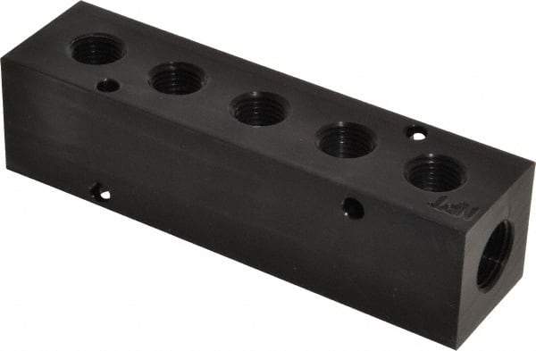 Made in USA - 3/8" Inlet, 1/4" Outlet Manifold - 5" Long x 1-1/4" Wide x 1-1/4" High, 0.2" Mount Hole, 2 Inlet Ports, 5 Outlet Ports - USA Tool & Supply