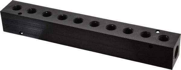 Made in USA - 3/8" Inlet, 1/4" Outlet Manifold - 9.38" Long x 1-1/4" Wide x 1-1/4" High, 0.2" Mount Hole, 2 Inlet Ports, 10 Outlet Ports - USA Tool & Supply