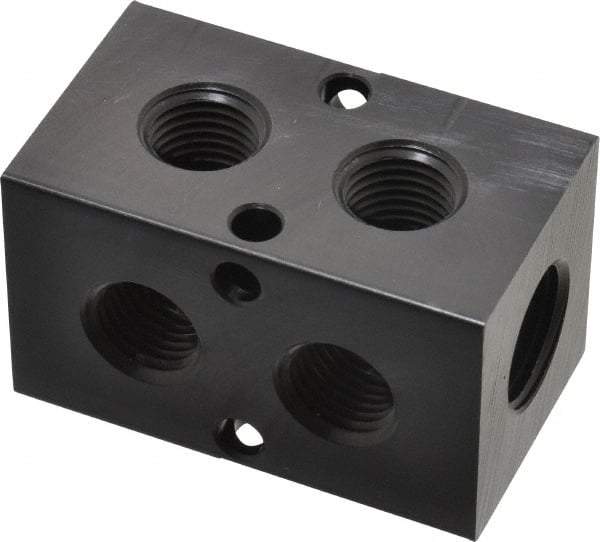 Made in USA - 3/8" Inlet, 1/4" Outlet Manifold - 2.37" Long x 1-1/4" Wide x 1-1/4" High, 0.2" Mount Hole, 2 Inlet Ports, 2 Outlet Ports - USA Tool & Supply