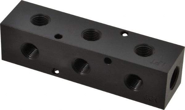 Made in USA - 3/8" Inlet, 1/4" Outlet Manifold - 4-3/4" Long x 1-1/4" Wide x 1-1/4" High, 0.2" Mount Hole, 2 Inlet Ports, 3 Outlet Ports - USA Tool & Supply