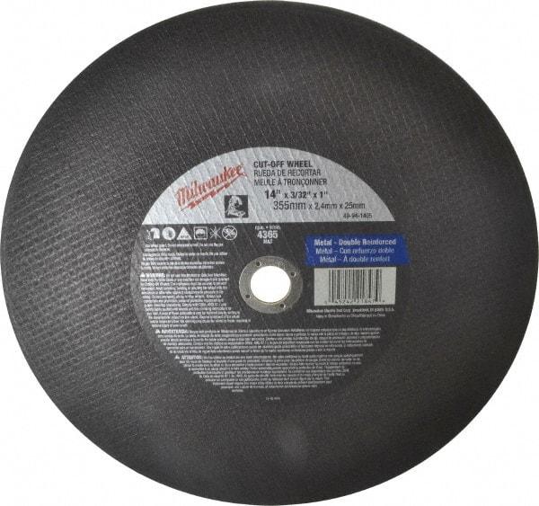 Milwaukee Tool - 14" 36 Grit Aluminum Oxide Cutoff Wheel - 3/32" Thick, 1" Arbor, 4,365 Max RPM, Use with Angle Grinders - USA Tool & Supply
