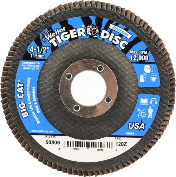 Weiler - 120 Grit, 4-1/2" Disc Diam, 7/8" Center Hole, Type 27 Zirconia Alumina Flap Disc - 12,000 Max RPM, Phenolic Backing, Arbor Attaching System, Coated - USA Tool & Supply