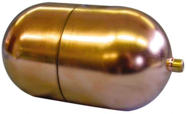 Made in USA - 4" Diam x 7" Long, Oblong, Tubed Through Connection, Metal Float - 1/4" Rod Thread, Copper, 25 Max psi, 23 Gauge - USA Tool & Supply