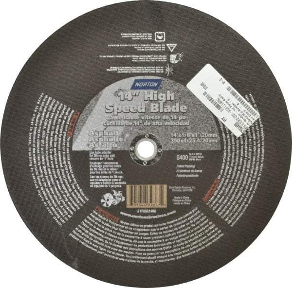 Norton - 14" 16 Grit Silicon Carbide Cutoff Wheel - 1/8" Thick, 1" Arbor, 5,400 Max RPM, Use with Portable Tools - USA Tool & Supply