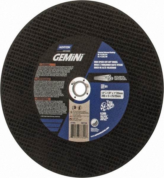 Norton - 12" 24 Grit Aluminum Oxide/Silicon Carbide Blend Cutoff Wheel - 1/8" Thick, 1" Arbor, 6,360 Max RPM, Use with Electric & Gas Powered Saws - USA Tool & Supply